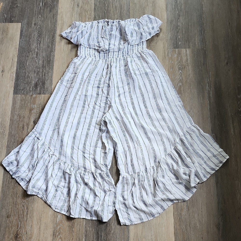 Lush White Striped Off-Shoulder Romper with Ruffle Hem